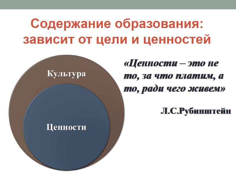Содержание образования:  зависит от цели и ценностей «Ценности – это не то, за